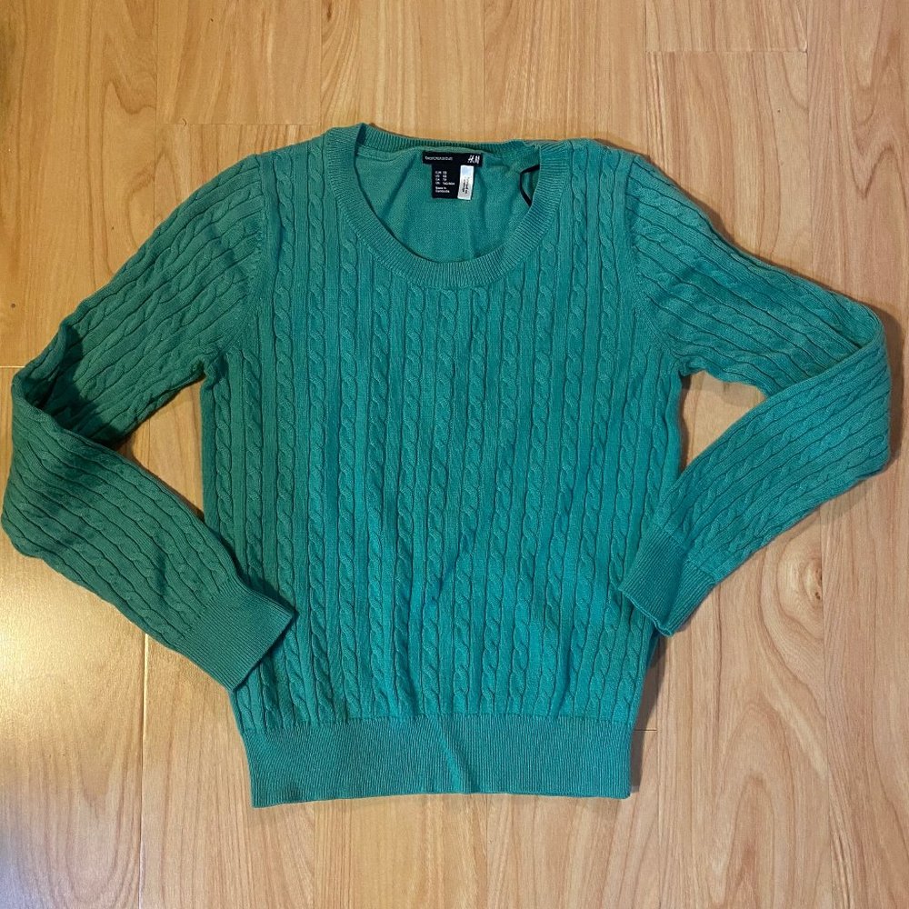 H&M Women's Green Braided Knit Crew Neck Sweater Size XS